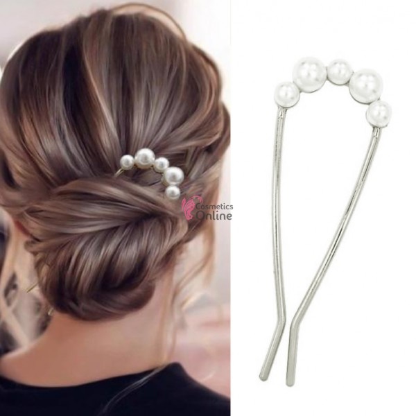 Accesoriu de par modern Japonez pentru cocuri din metal JPN10II Argintiu cu perle